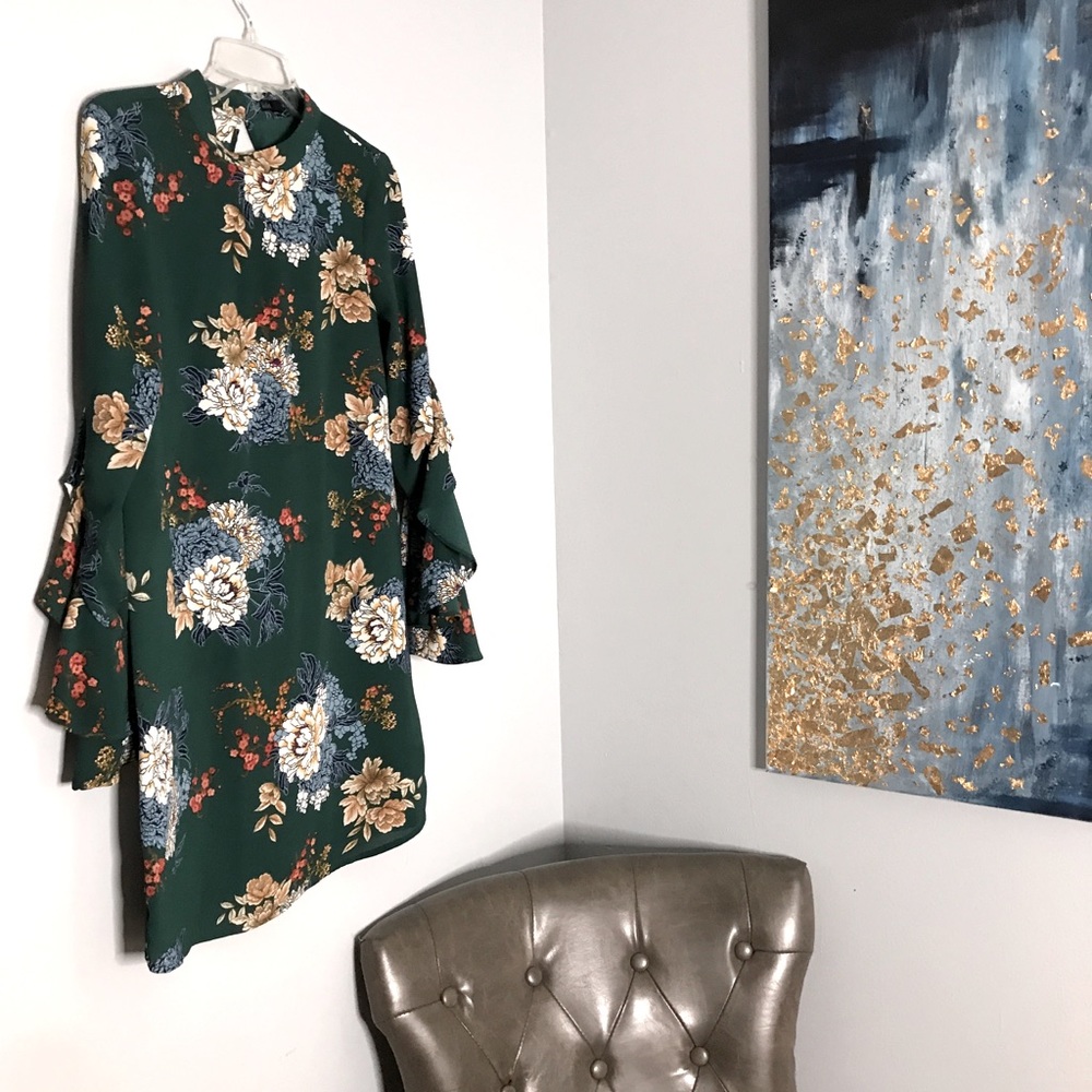 BOHO HIGH NECK RUFFLE SLEEVE FLORAL DRESS